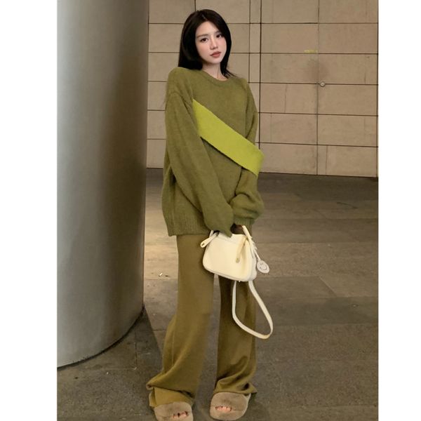 costumes olive green color contrast lazy soft waxy splicing shoulder strap round neck cashmere sweater new straight knitted pants lo96, Black
costumes olive green color contrast lazy soft waxy splicing shoulder strap round neck cashmere sweater new straight knitted pants lo96, Black