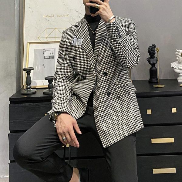 men's suits & blazers british style double breasted houndstooth business casual slim suit jackets wedding groom dress coat costume homm, White;black
men's suits & blazers british style double breasted houndstooth business casual slim suit jackets wedding groom dress coat costume homm, White;black