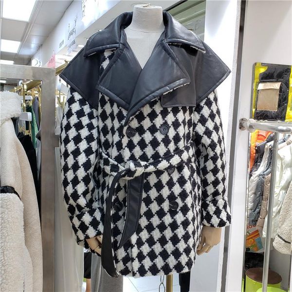 women's leather & faux spring autumn 2021 korean loose patchwork weave plaid jacket plus sashes double breasted long sleeve women outwe, Black
women's leather & faux spring autumn 2021 korean loose patchwork weave plaid jacket plus sashes double breasted long sleeve women outwe, Black