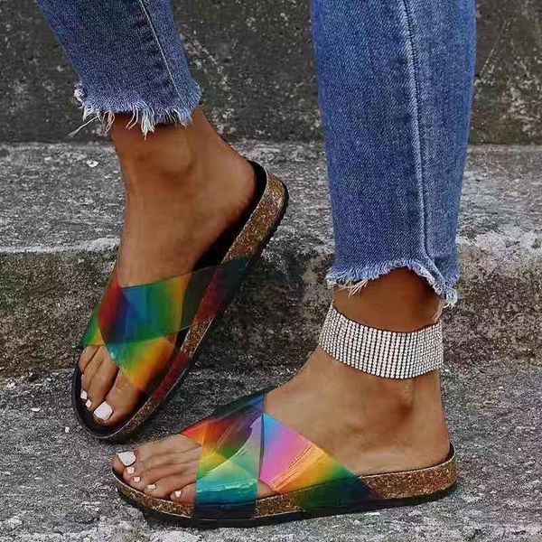 summer autumn fashion rainbow color cow print cross band women slippers home beach slides shoes big size 43, Black 
summer autumn fashion rainbow color cow print cross band women slippers home beach slides shoes big size 43, Black