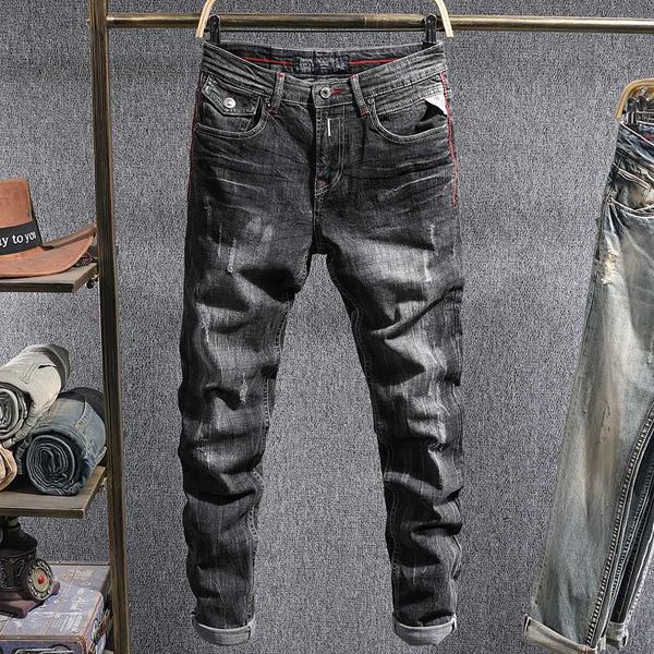 men's italian style fashion men retro gray slim fit elastic ripped jeans autumn streetwear vintage designer denim long pants man, Blue
men's italian style fashion men retro gray slim fit elastic ripped jeans autumn streetwear vintage designer denim long pants man, Blue
