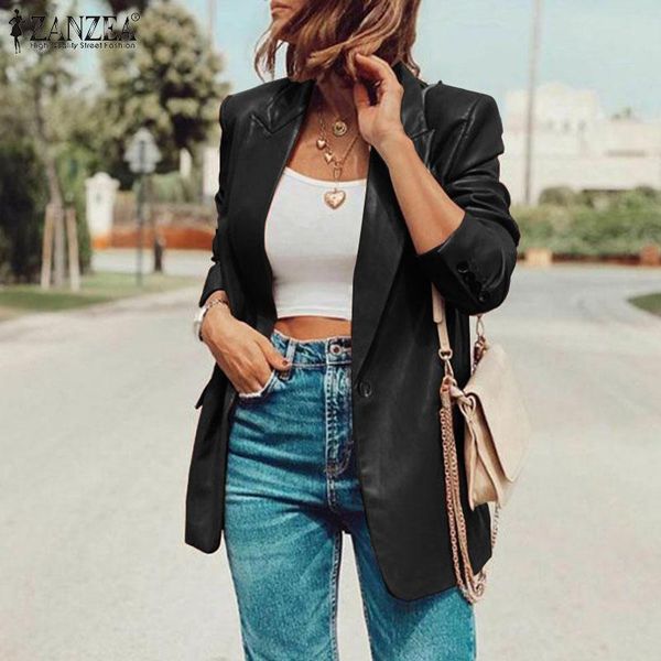 women's suits & blazers female solid overcoat 2022 women fashion long sleeve lapel coat elegant button leather pu blazer autumn offic, White;black
women's suits & blazers female solid overcoat 2022 women fashion long sleeve lapel coat elegant button leather pu blazer autumn offic, White;black