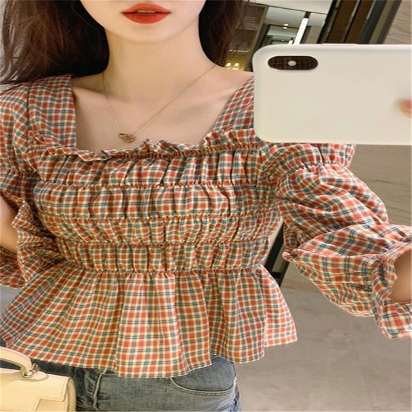 spring 2021 item short plaid shirt ladies retro loose waist trumpet sleeve women's blouses & shirts, White
spring 2021 item short plaid shirt ladies retro loose waist trumpet sleeve women's blouses & shirts, White