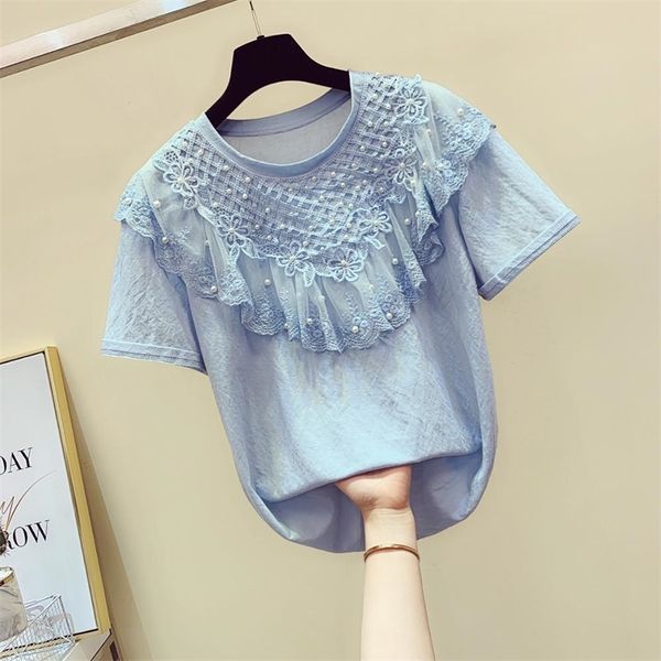 women's o neck short sleeves beading lace ruffles cotton t-shirt tee summer female pullover casual tees a2726 210428, White
women's o neck short sleeves beading lace ruffles cotton t-shirt tee summer female pullover casual tees a2726 210428, White