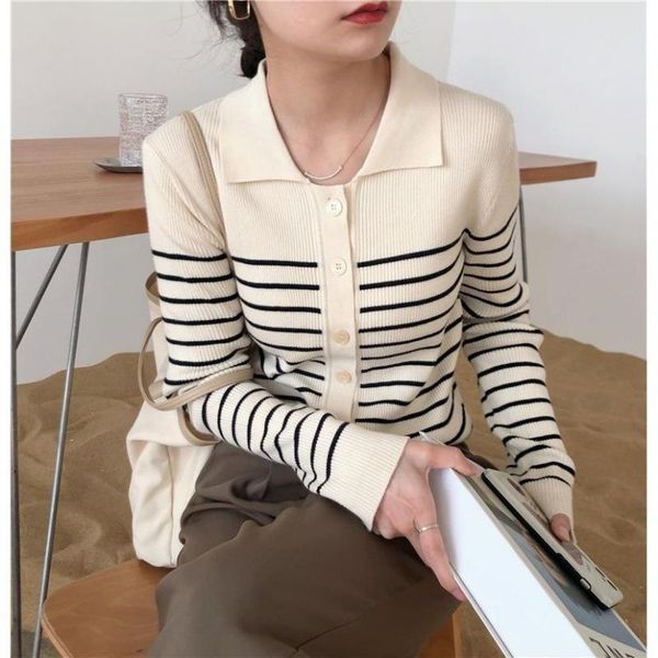 women's knits & tees french retro striped knitted cardigan autumn 2021 collar sweater gentle temperament jacket coat, White
women's knits & tees french retro striped knitted cardigan autumn 2021 collar sweater gentle temperament jacket coat, White
