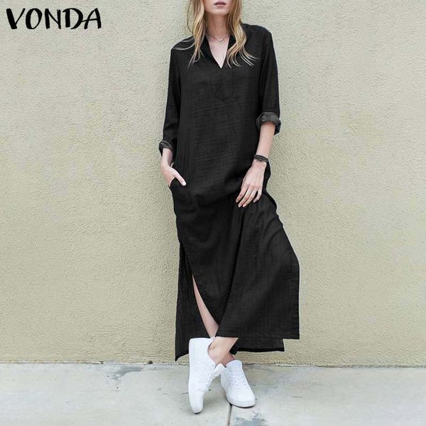 dresses women dress beach summer dresses 2021 vonda v neck long sleeve side split party vestido plus size, Black;gray