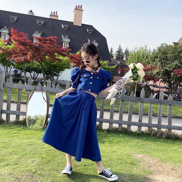 girls casual denim suit summer new fashion childrens clothing big childrens puff sleeve short and skirt two-piece suit, White
girls casual denim suit summer new fashion childrens clothing big childrens puff sleeve short and skirt two-piece suit, White
