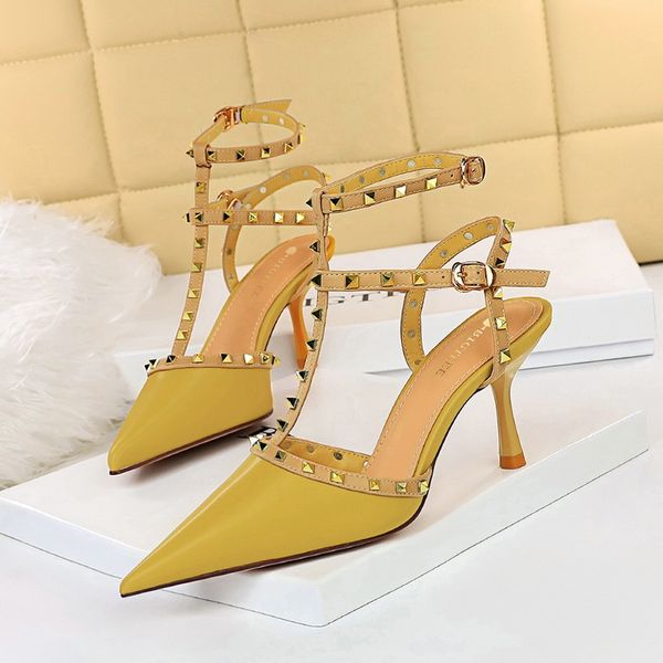 women's shoes night club slim high heels shallow mouth pointed hollow roman style metal rivet sandals, Black
women's shoes night club slim high heels shallow mouth pointed hollow roman style metal rivet sandals, Black