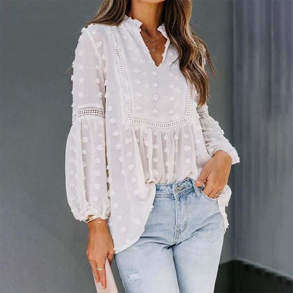 women's blouses & shirts summer chiffon blouse for women 2021 solid hollow lantern sleeve ruffled collar lace shirt and casual office, White