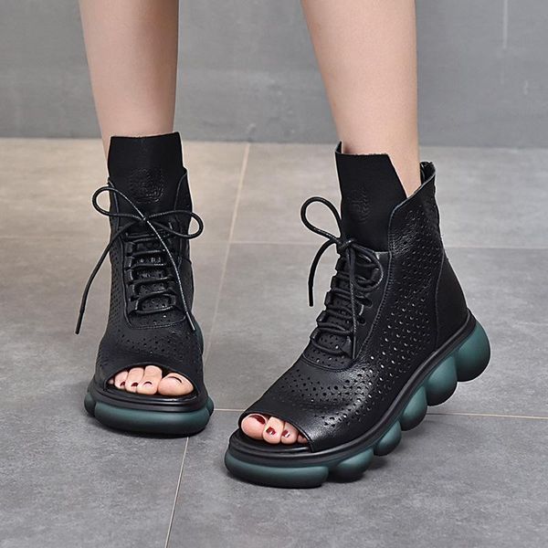 spring and summer hollow sandals leather lace-up boots women's thick-soled hole shoes fish mouth, Black
spring and summer hollow sandals leather lace-up boots women's thick-soled hole shoes fish mouth, Black