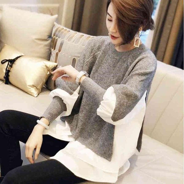 women's sweaters korean knitted sweater patchwork ruffles lantern sleeve female pullover 2021 spring autumn causal oversized warm jumpe, White;black 
women's sweaters korean knitted sweater patchwork ruffles lantern sleeve female pullover 2021 spring autumn causal oversized warm jumpe, White;black