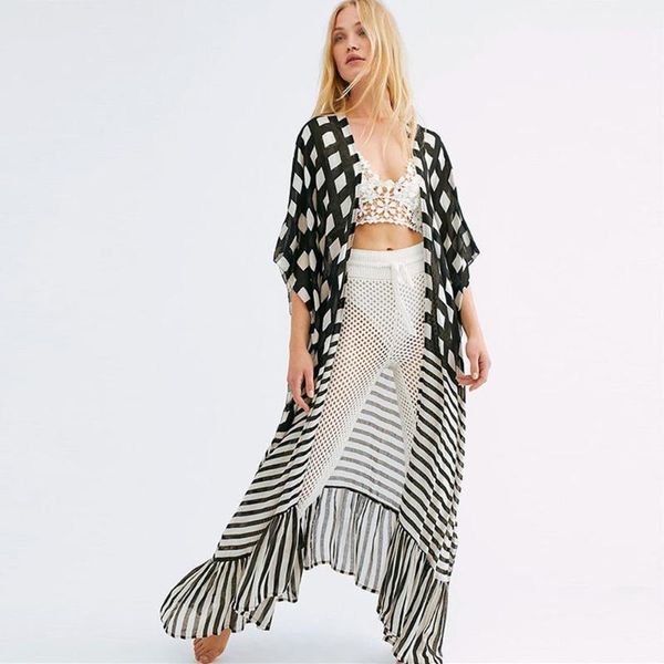 women's swimwear women bikini cover up casual grid tassel stripes printed boho beach long blouse cardigan maxi dress chiffon rayon kimo, White;black
women's swimwear women bikini cover up casual grid tassel stripes printed boho beach long blouse cardigan maxi dress chiffon rayon kimo, White;black