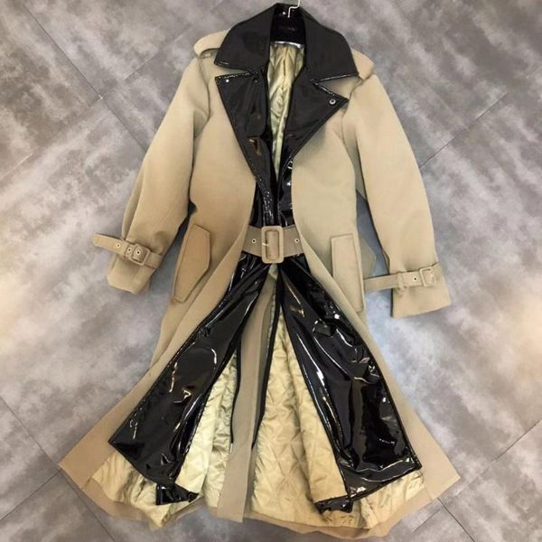 women's trench coats women glossy pu patchwork cotton coat fake two pieces khaki turn down collar long section adjustable belt windbrea, Tan;black
women's trench coats women glossy pu patchwork cotton coat fake two pieces khaki turn down collar long section adjustable belt windbrea, Tan;black