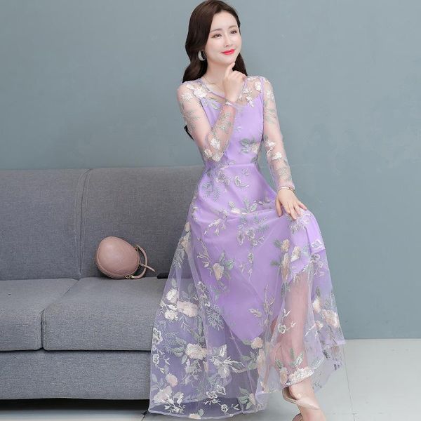 casual dresses women mesh medium slim long gauze dress temperament korean round collar flower embroidery sleeve, Black;gray
casual dresses women mesh medium slim long gauze dress temperament korean round collar flower embroidery sleeve, Black;gray