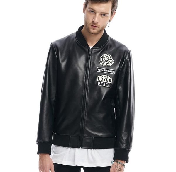 men's leather & faux 2022 hip style genuine jacket with patches stand collar sheepskin baseball men soft leathe coat male, Black
men's leather & faux 2022 hip style genuine jacket with patches stand collar sheepskin baseball men soft leathe coat male, Black