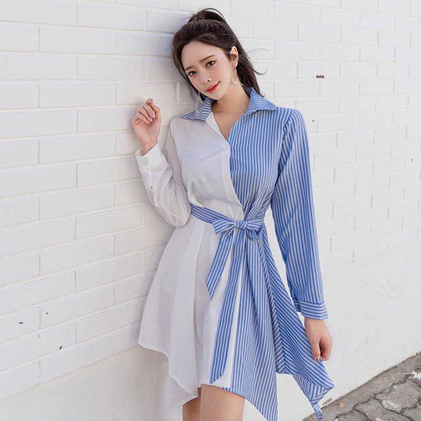 female's fashion long sleeves shirt dress stitching pattern turn-down collar asymmetrical dresses casual belted vestidos 210529, Black;gray
female's fashion long sleeves shirt dress stitching pattern turn-down collar asymmetrical dresses casual belted vestidos 210529, Black;gray