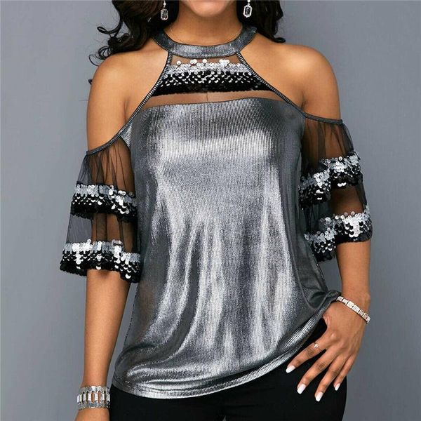 women's blouses & shirts women mesh sequins blouse lady hollow out patchwork fashion off shoulder short sleeve summer clothes shirt, White
women's blouses & shirts women mesh sequins blouse lady hollow out patchwork fashion off shoulder short sleeve summer clothes shirt, White