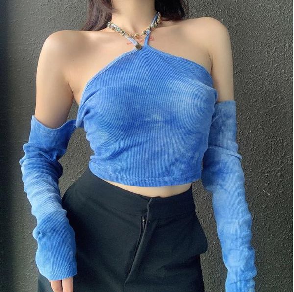 women tie dye crop off shoulder halter long sleeve t-shirts stretch ladies vest party club tee t-shirt streetwear women's, White
women tie dye crop off shoulder halter long sleeve t-shirts stretch ladies vest party club tee t-shirt streetwear women's, White