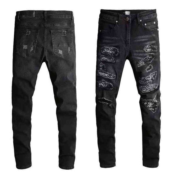 men's 2021 fashion high street black hole pattern patch micro elastic am jeans trousers, Blue
men's 2021 fashion high street black hole pattern patch micro elastic am jeans trousers, Blue