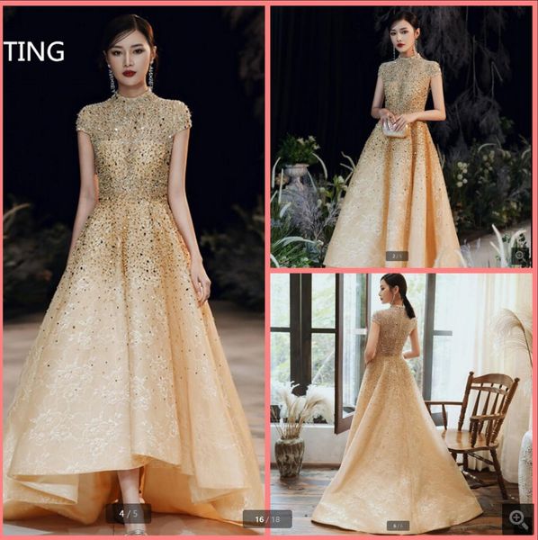 2021 amazing gold lace a line formal high low prom dress floor length modest with cap sleeve elegant party dresses heavily beading sparkly g, Black
2021 amazing gold lace a line formal high low prom dress floor length modest with cap sleeve elegant party dresses heavily beading sparkly g, Black