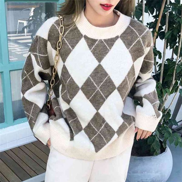 korean winter knitted women sweater pullover hit color argyle plaid loose pull femme elegant vintage thicken warm sweaters 210514, White;black
korean winter knitted women sweater pullover hit color argyle plaid loose pull femme elegant vintage thicken warm sweaters 210514, White;black