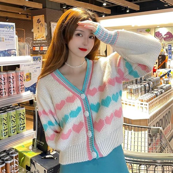 women's knits & tees knitted cardigan autumn 2021 v-neck lazy wind short age reduction with long sleeved sweater, White 
women's knits & tees knitted cardigan autumn 2021 v-neck lazy wind short age reduction with long sleeved sweater, White