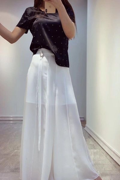 women silk wide leg pants 2021 all match holiday 100% slim expansion bottom belt women's & capris, Black;white
women silk wide leg pants 2021 all match holiday 100% slim expansion bottom belt women's & capris, Black;white