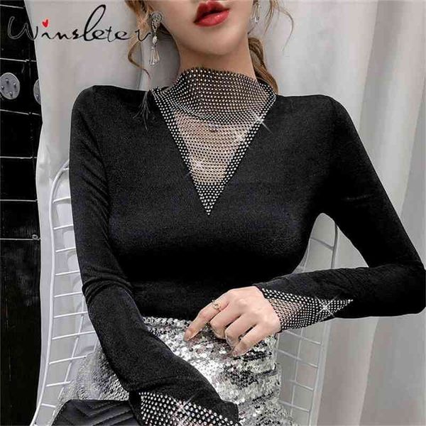 spring autumn diamonds t-shirt fashion shiny european clothes ropa mujer bottoming shirt tees new t03104 210324, White