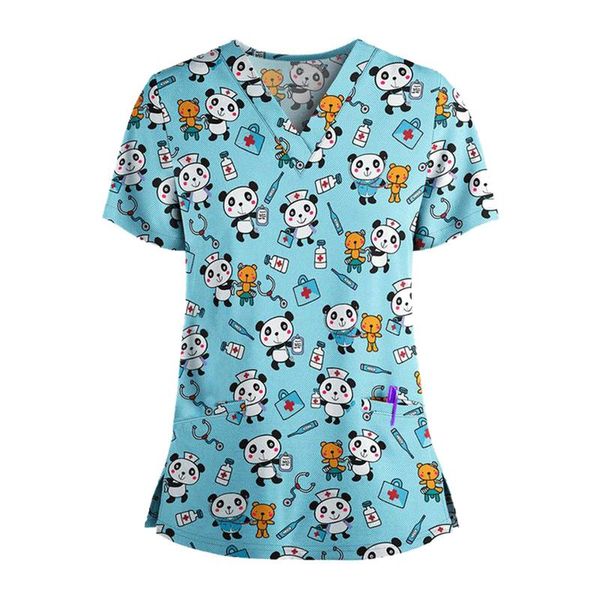 women's t-shirt female uniform short-sleeved v-neck work cartoon panda accessories breathable #10, White
women's t-shirt female uniform short-sleeved v-neck work cartoon panda accessories breathable #10, White