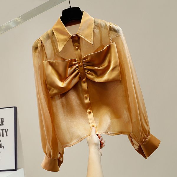 blouses sweet bow single-breasted transparent organza shirt women's long sleeve shirts autumn lady's blusas, White
blouses sweet bow single-breasted transparent organza shirt women's long sleeve shirts autumn lady's blusas, White