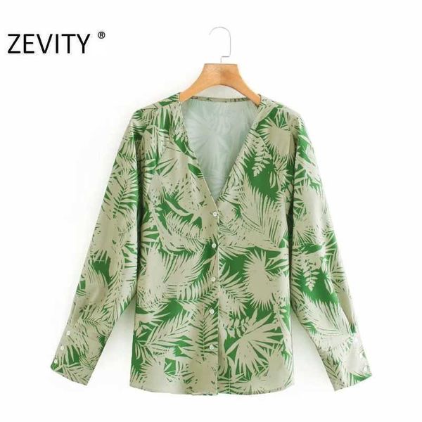 

zevity women vintage v neck leaves print casual smock blouse shirt women long sleeve breasted chic femininas blusas ls7246 210603, White