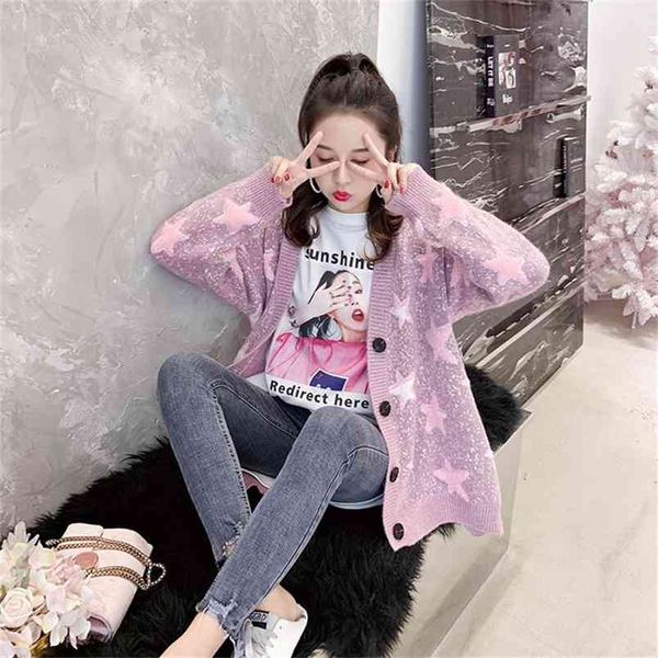 short sweater coat women's cardigan five-pointed star pattern long-sleeved loose wild thick spring 210427, White;black
short sweater coat women's cardigan five-pointed star pattern long-sleeved loose wild thick spring 210427, White;black