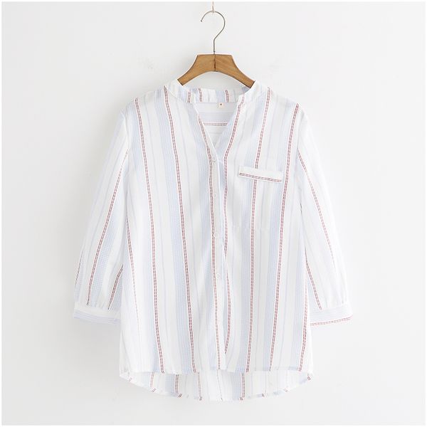 women white blue red striped mandarin collar button 3/4 three quarter sleeve shirt blouse b0068 210514
women white blue red striped mandarin collar button 3/4 three quarter sleeve shirt blouse b0068 210514