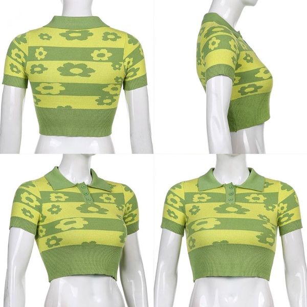 women's t-shirt women summer short sleeve knitted crop contrast color striped floral print green sweater harajuku slim lapel button, White
women's t-shirt women summer short sleeve knitted crop contrast color striped floral print green sweater harajuku slim lapel button, White