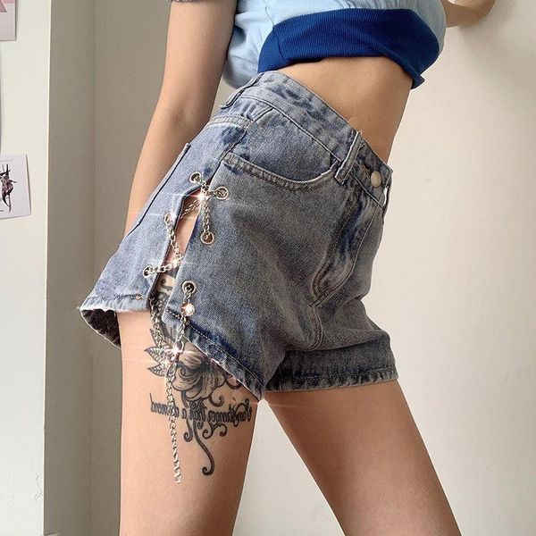 women's shorts 2021 summer european and american side slit metal chain high waist denim, White;black
women's shorts 2021 summer european and american side slit metal chain high waist denim, White;black