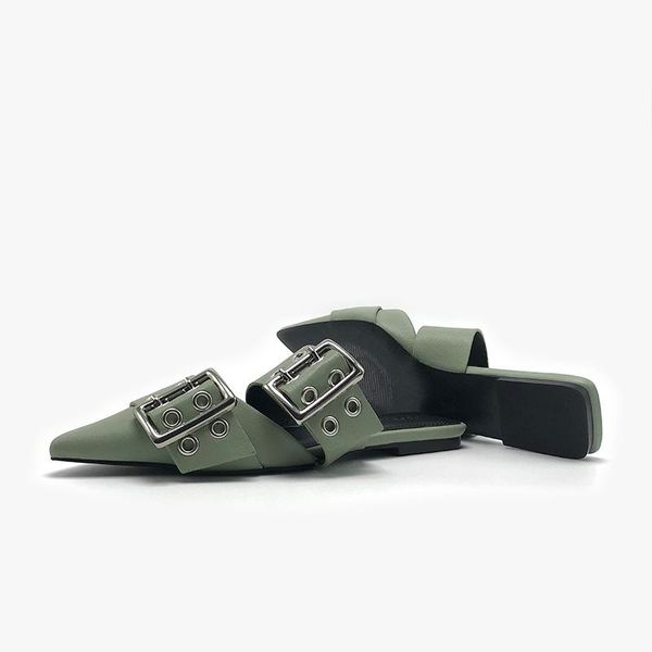 rivet belt buckle fashion slippers women autumn flat mules pointed toe 2021 low heel causal shoes lady slip on slides, Black