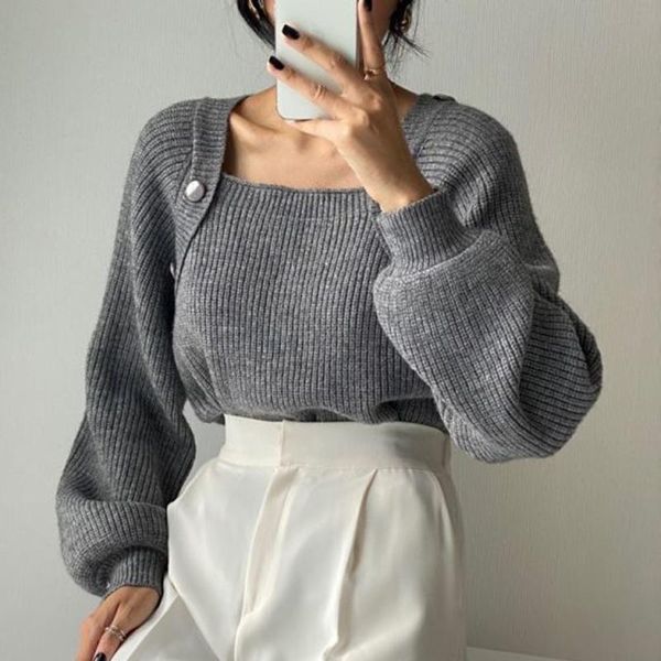 lucyever fashion metal button knit sweaters women 2021 korean style square collar pullovers woman gray long sleeve lady women's, White;black
lucyever fashion metal button knit sweaters women 2021 korean style square collar pullovers woman gray long sleeve lady women's, White;black
