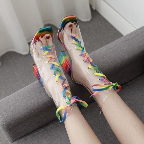 fashion women's high transparent heels sandals shoes open toe lace up mixed color pvc breathable summer b1, Black
fashion women's high transparent heels sandals shoes open toe lace up mixed color pvc breathable summer b1, Black