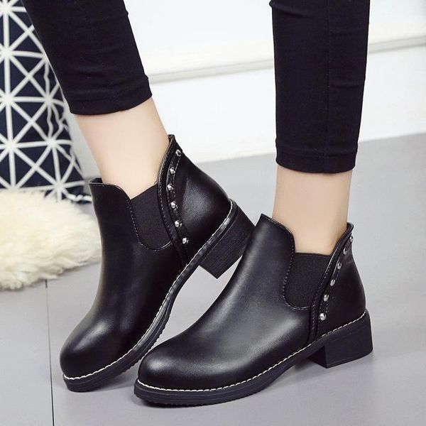 boots women round toe med heels confortablet autumn winter metal rive casual female ankle wholesale, Black