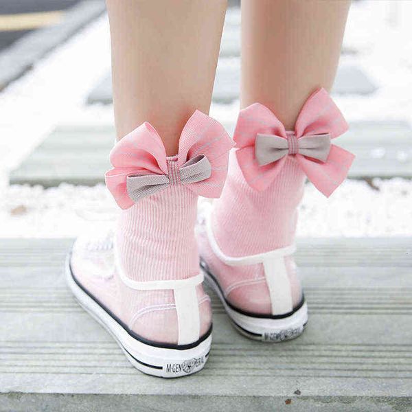 socks soft girl heel bow flanging double needle pile middle tube cotton women' socks pair socks, Red;black