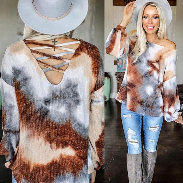 women's t-shirt fall clothing casual round neck tie dye hollow out long sleeve loose women for, White
women's t-shirt fall clothing casual round neck tie dye hollow out long sleeve loose women for, White