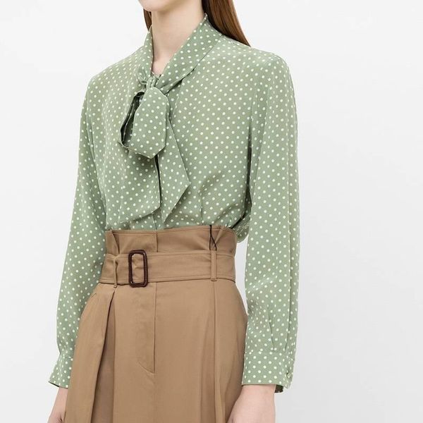 early spring fresh bean green polka dot large ribbon single-breasted long-sleeved silk shirt women's blouses & shirts, White
early spring fresh bean green polka dot large ribbon single-breasted long-sleeved silk shirt women's blouses & shirts, White