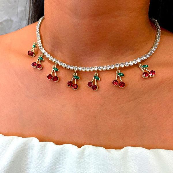 chains trendy cherry crystal pendant tennis chain choker necklaces for women punk cubic zirconia fruit clavicle collares jewelry gifts, Silver
chains trendy cherry crystal pendant tennis chain choker necklaces for women punk cubic zirconia fruit clavicle collares jewelry gifts, Silver