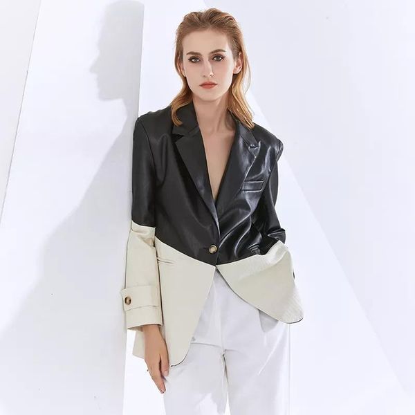women's suits & blazers patchwork pu leather for women notched long sleeve clothes casual coats female 2021 fashion clothing tide, White;black
women's suits & blazers patchwork pu leather for women notched long sleeve clothes casual coats female 2021 fashion clothing tide, White;black