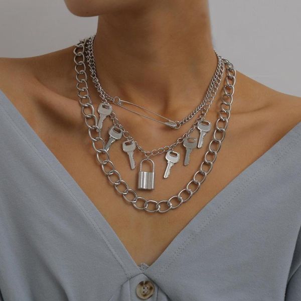 pendant necklaces shixin 3 pcs look/key necklace for women punk layered padlock statement neck chain fashion jewelry 2021 female, Silver 
pendant necklaces shixin 3 pcs look/key necklace for women punk layered padlock statement neck chain fashion jewelry 2021 female, Silver