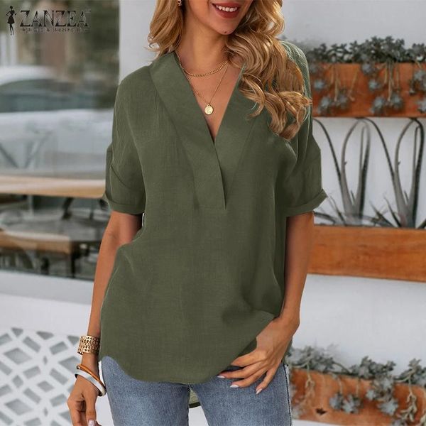 women's blouses & shirts elegant irregular summer zanzea 2021 casual half sleeve blusas female v neck tunic solid chemise, White
women's blouses & shirts elegant irregular summer zanzea 2021 casual half sleeve blusas female v neck tunic solid chemise, White