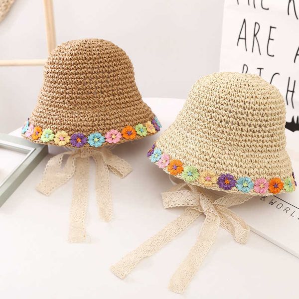 ins korean fashion children straw hat girl sun summer elegant baby beach, Yellow