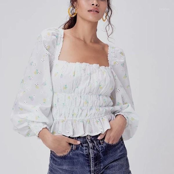 women print square collar shirt puff sleeve slim blouses back elastic roupas femininas chemise shirts women's &, White
women print square collar shirt puff sleeve slim blouses back elastic roupas femininas chemise shirts women's &, White