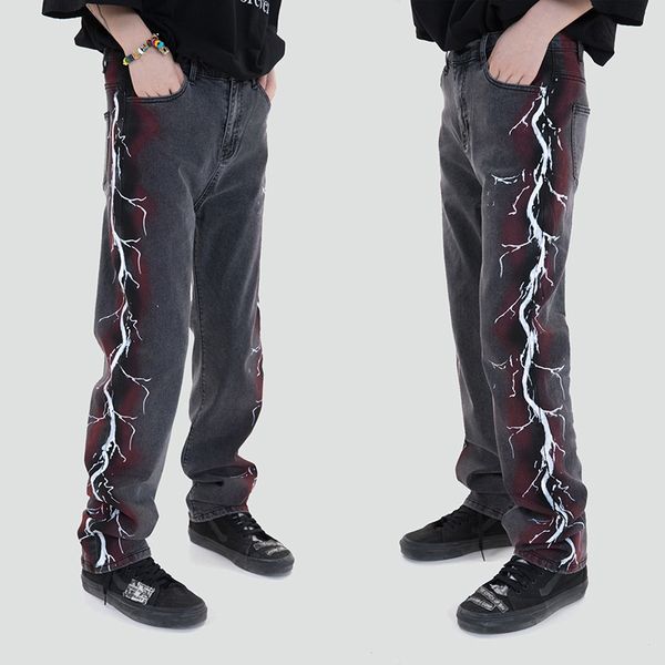 jeans american street men's lightning print high loose straight casual wide leg trendy pants, Blue
jeans american street men's lightning print high loose straight casual wide leg trendy pants, Blue