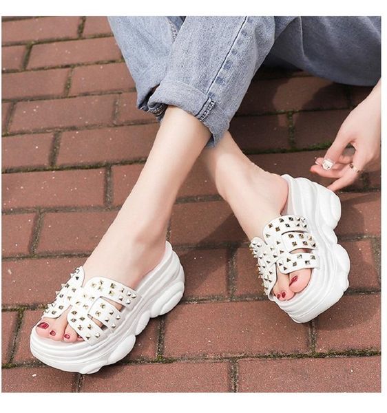 slippers elegant high-heeled ladies rivet open toe solid color casual shoes outer wear summer fashion style., Black
slippers elegant high-heeled ladies rivet open toe solid color casual shoes outer wear summer fashion style., Black